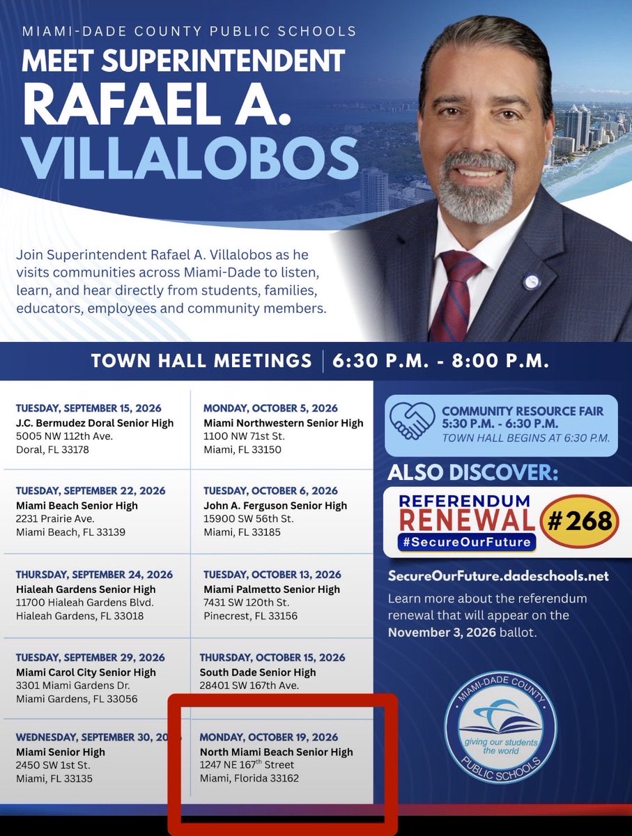 josephedison's tweet photo. Final pitch to our community by @MiamiSupt as the election nears.
One more town hall left @NMBHigh 10/19.
Get informed!
Got engaged!
Vote yes on #268
268 means we keep our schools gr8!
#SecureOurFuture #mdcps https://t.co/UqkKgU1xK3