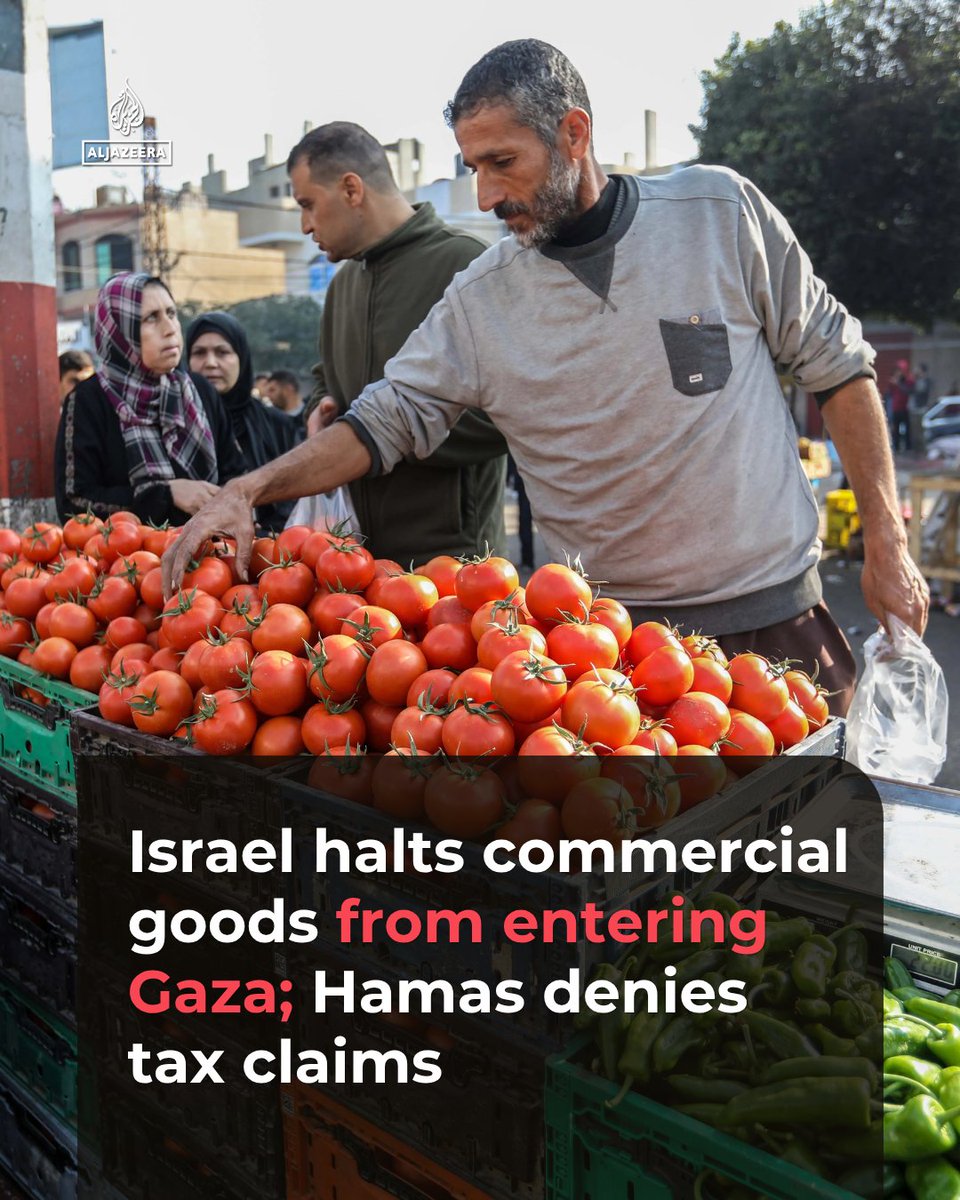 AJEnglish's tweet photo. Israeli authorities say no commercial goods have entered Gaza for two days, citing what they claim is a tax dispute between local merchants and the Hamas movement. The halt cuts off a key source of food for 2.1 million people in the Strip.

🔗 https://t.co/LFGEhNM1x2 https://t.co/GVfX7wkfRe