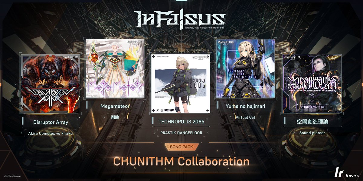 infalsus_jp's tweet photo. 異なる世界から、異なる筐体へ。
10/22、『In Falsus』に加わる、5つの楽曲。
第二の楽曲パック、登場。

── 『CHUNITHM Collaboration』──
https://t.co/DfpHO0Ag0z

【"Disruptor Array" by Akira Complex vs kiraku】
【"Megameteor" by 削除】
【"TECHNOPOLIS 2085" by PRASTIK DANCEFLOOR】
【"Yume no hajimari" by Virtual Cat】
【"空間創造理論" by Sound piercer】

#infalsus #CHUNITHM