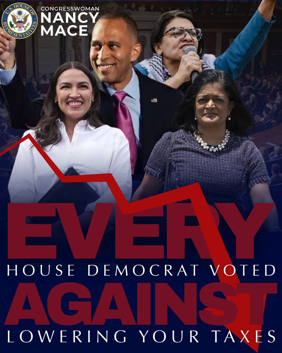 RepNancyMace's tweet photo. Your regularly scheduled reminder: Every single House Democrat voted AGAINST lowering your taxes.

Don't forget who is working FOR the American people and who is working against them. https://t.co/n6eiKLHS7Y