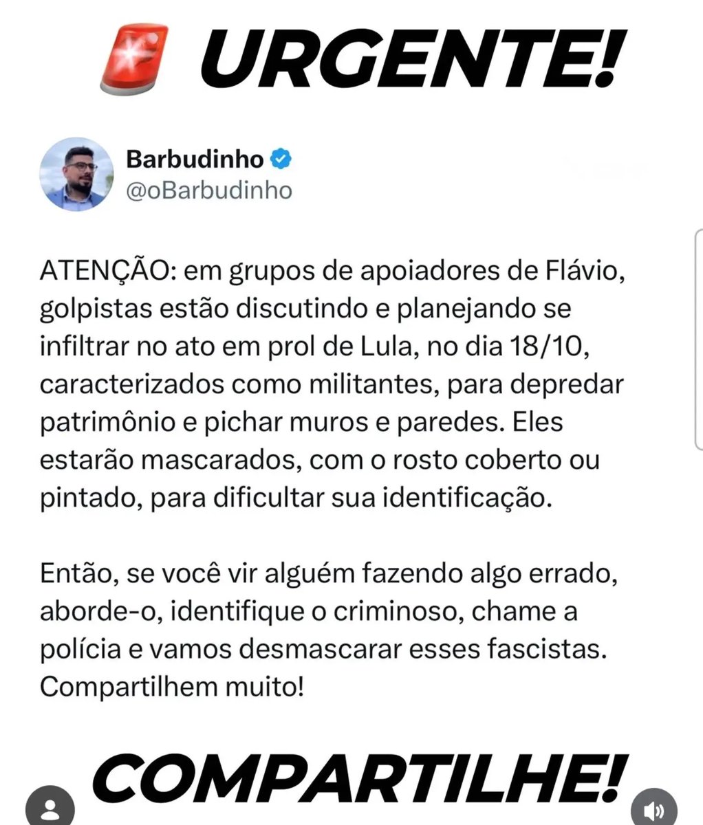NestorCavalcan4's tweet photo. Armação ilimitada da direita para prejudicar o ato pró Lula, querem infiltrarem pessoas. https://t.co/HswBNLSZZl