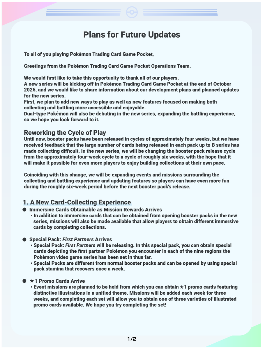 PokemonTCGP's tweet photo. We'd like to share a letter from the Pokémon TCG Pocket Operations Team detailing our development plans and planned updates coming to #PokemonTCGPocket with the new series.

Thank you for being a part of the community and for your continued support of the game. https://t.co/OCxSqeYMT7