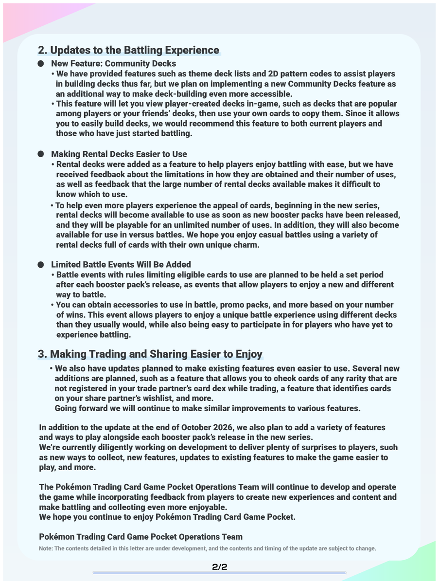 PokemonTCGP's tweet photo. We'd like to share a letter from the Pokémon TCG Pocket Operations Team detailing our development plans and planned updates coming to #PokemonTCGPocket with the new series.

Thank you for being a part of the community and for your continued support of the game. https://t.co/OCxSqeYMT7