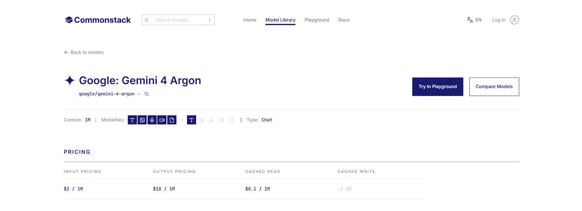 gradientintern's tweet photo. Gemini 4 Argon is live now on @commonstack_ai 

Google's new flagship reasoning model built for complex software engineering, deep mathematical and scientific problem solving, and autonomous multi-step agents. Built with a unified 1M-token context window, and robust safety architecture, it delivers frontier performance across robotics. deep coding, enterprise finance/legal workflows, and cybersecurity defense.

Try now: https://t.co/W4PObUfMUI