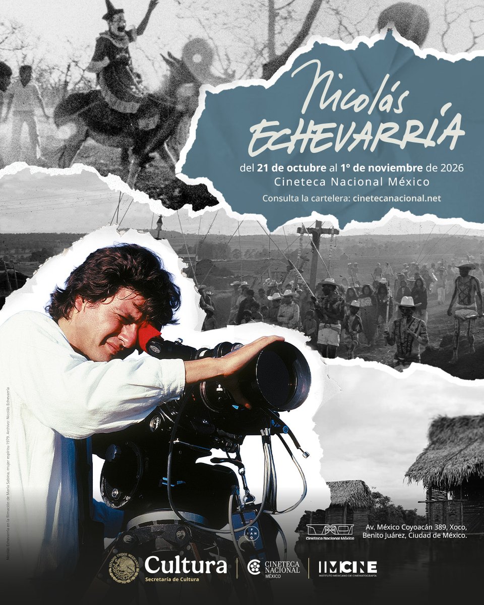 CinetecaMexico's tweet photo. ¡No te pierdas la Retrospectiva de Nicolás Echevarría! 🎥✨

A través de 12 películas exploramos el legado del director, reconocido por capturar la espiritualidad y las culturas de México.

🎬 La retrospectiva arranca el miércoles 21 de octubre a las 20 h con la proyección de CABEZA DE VACA, en una función inaugural que contará con la presencia del director. La entrada es libre. Obtén tus cortesías en la taquilla 1 el día del evento.

Previo a la función, a las 19 h, acompáñanos a la inauguración de la exposición NICOLÁS ECHEVARRÍA. EL DIBUJO: ANTES Y DESPUÉS DEL CINE, en el lobby de la Sala 1.

🎟️ Conoce la programación del ciclo en nuestro sitio web. 🔗 https://t.co/bqLHsm4SmL