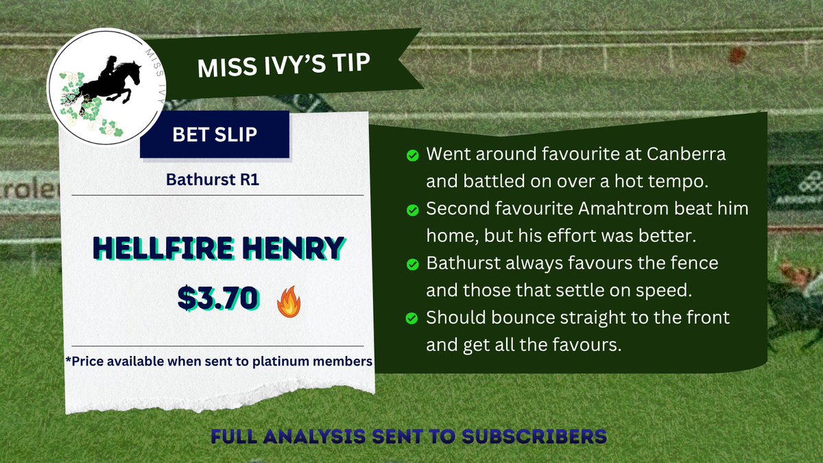 MissIvystips's tweet photo. * Today's Tip 🏇* :: 📍Bathurst R1
➡️ Hellfire Henry $3.70 (Sportsbet/Ladbrokes)
#bathurstraces #hellfirehenry #horseracingtips https://t.co/rjtVI46F8x