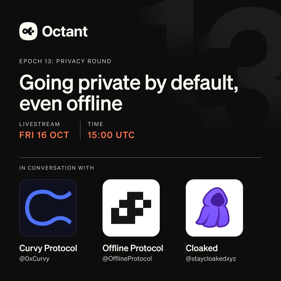 OctantApp's tweet photo. Today on stream:

Going private by default, even offline 🔏

Want to send payments that don't follow you and privately connect even when the internet goes dark? Learn how with Curvy Protocol, Offline Protocol, & Cloaked.

@0xCurvy  | @AtanasovskiP 
@OfflineProtocol | @sxtvik 
@staycloakedxyz  | @blainemalone & Olivia Barnett

See you at 3 PM UTC!