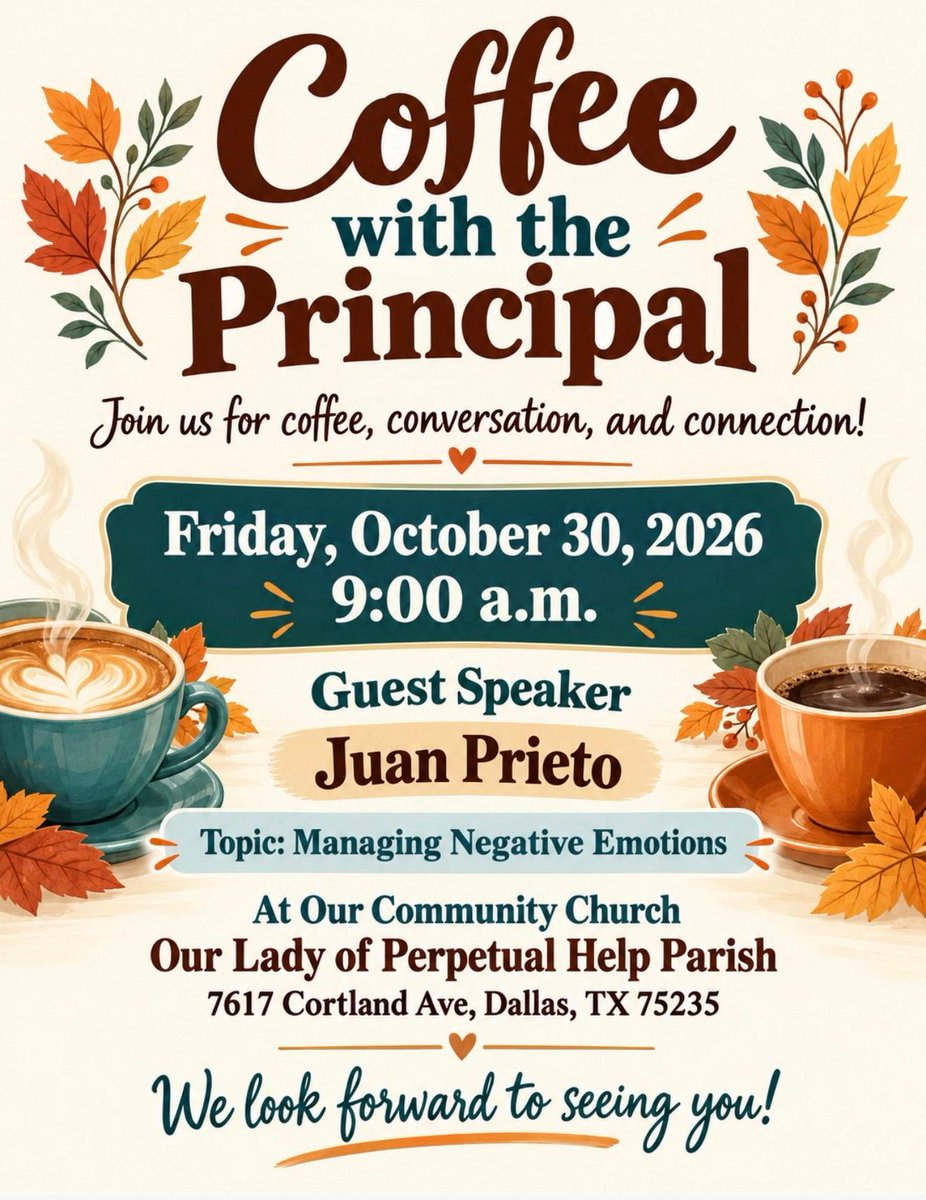 KnightDISD's tweet photo. Knight families, coffee is coming to YOU! ☕💙 Join Coffee with the Principal right in our community for coffee, conversation, and connection!
That’s right! We’re getting closer to YOU because connecting with our families matters!
📅 Friday, Oct. 30, 2026
⏰ 9:00 AM https://t.co/S3RrLQzqaf
