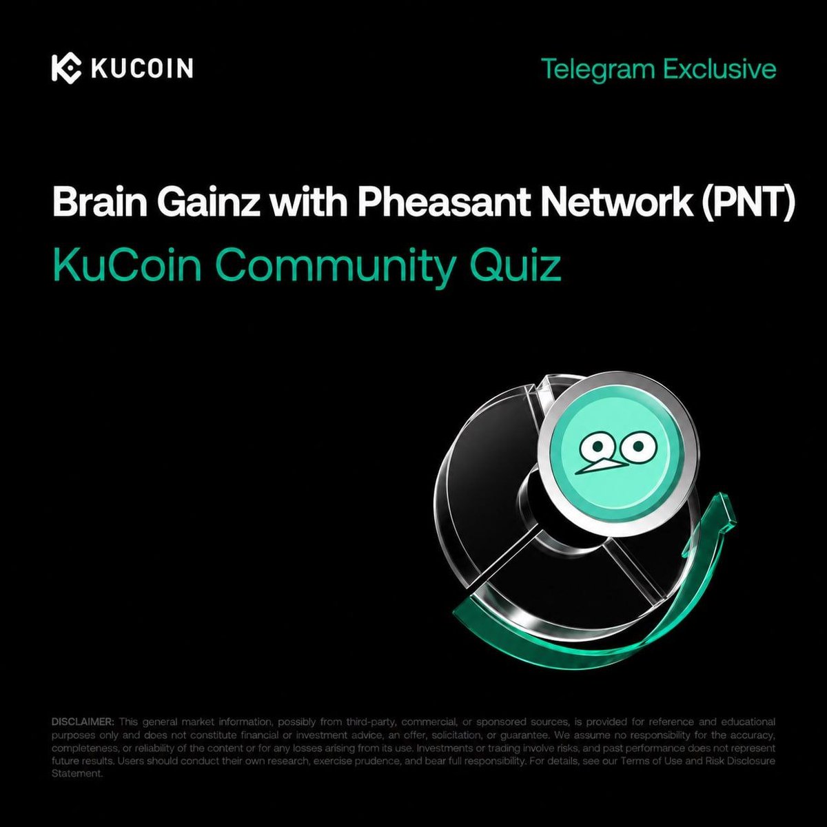 PheasantNetwork's tweet photo. Think you know Pheasant Network? Prove it! 🧠

We're teaming up with @kucoincom for Brain Gainz with Pheasant Network, a live Telegram quiz!

📅 October 16 at 10am UTC
📍 KuCoin Main Telegram
🎁 Prize pool: $PNT

Test your knowledge of Pheasant Network and AI-powered cross-chain DeFi for a chance to win prizes.

Big brain. Real gainz. See you there!