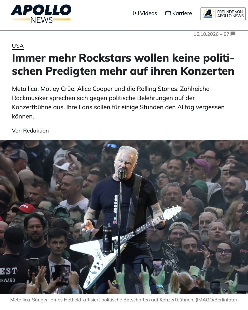 UlfKollwitz's tweet photo. Es tut sich was... Grönebrüller, Tote Schlüpis und die Sanitäter. 
In der Rockmusik wächst der Widerstand gegen Belehrungen auf Konzertbühnen. Immer mehr prominente Musiker sprechen sich dafür aus, ihre Auftritte von politischen Botschaften freizuhalten. Zuletzt sorgten Metallica-Sänger James Hetfield und Mötley-Crüe-Bassist Nikki Sixx mit entsprechenden Ansagen für Aufsehen. Auch Alice Cooper, Mick Jagger und weitere Rockstars haben sich in den vergangenen Monaten gegen politische Vorträge bei Konzerten ausgesprochen.