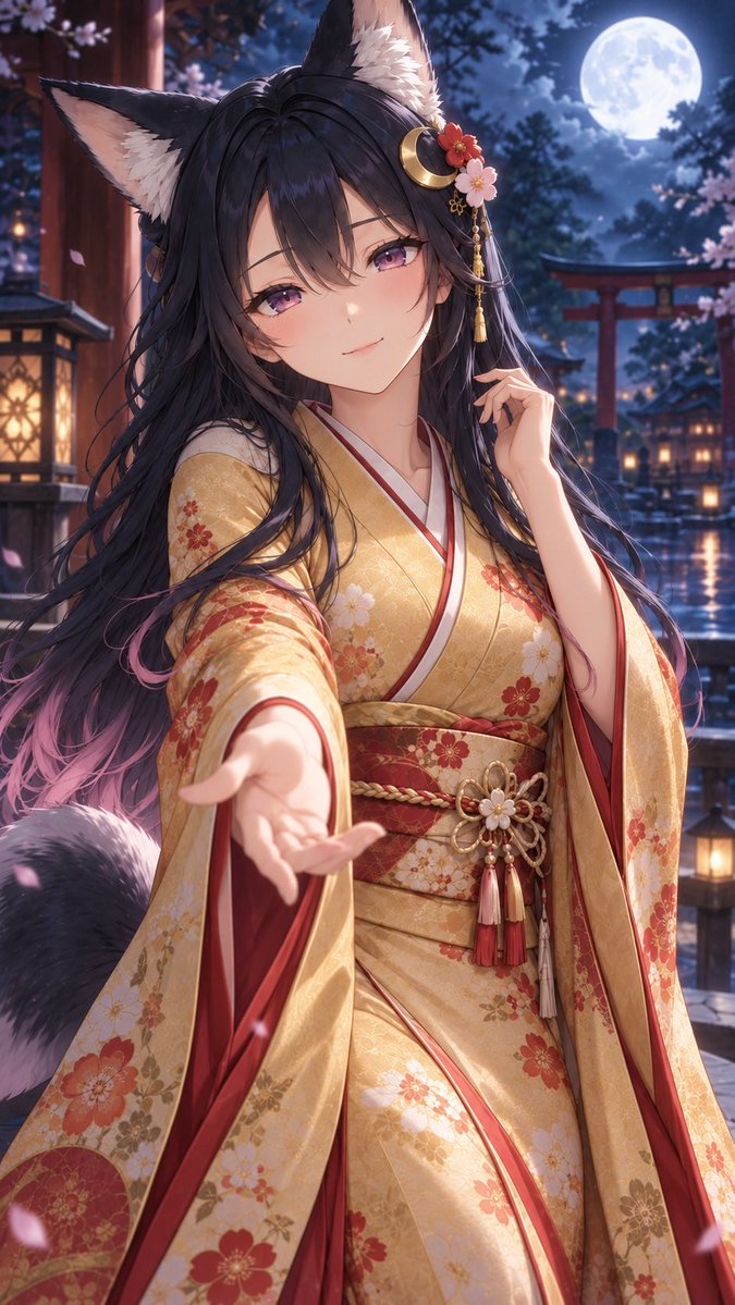 kasuga_yuri's tweet photo. 🌙月影AIスタジオ｜月乃🦊

月夜と桜の世界を旅する、紫の瞳の狐娘「月乃」。
和風ファンタジーをAIイラストで描いています。

📸代表作4選
①満月に照らされる、朱い鳥居と月乃
②灯籠が導く、夜の京都を歩く月乃
③雨に煙る夜、番傘を差す月乃
④桜舞う夜空と、満月に佇む月乃
#月乃 #AIイラスト https://t.co/7LVgOCrz1U