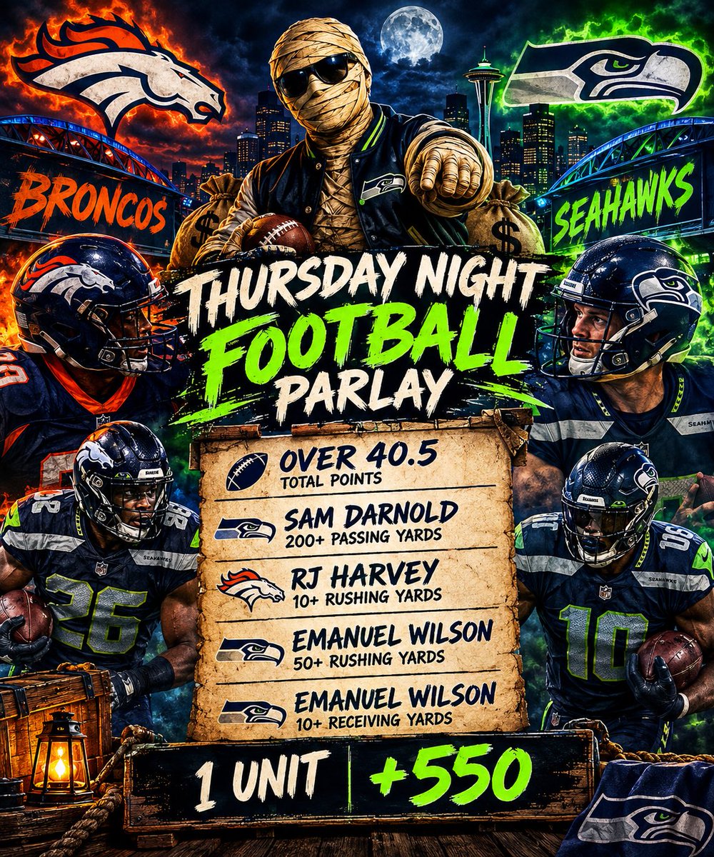 JummyMummyPicks's tweet photo. 🏈🔥 JUMMY MUMMY THURSDAY NIGHT FOOTBALL PARLAY 🔥🏈

🐴 DENVER BRONCOS vs. 🦅 SEATTLE SEAHAWKS

The Mummy is pulling up under the lights with a 5-leg parlay! 💰🌙 We’re looking for points on the board and yards all over the field. Let’s see if we can turn Thursday night into a payday! 💸

🎯 THE PICKS:

🏈 Over 40.5 Total Points
🎯 Sam Darnold 200+ Passing Yards
🐴 RJ Harvey 10+ Rushing Yards
💪 Emanuel Wilson 50+ Rushing Yards
🙌 Emanuel Wilson 10+ Receiving Yards

💰 ODDS: +550
🔥 WAGER: 1 UNIT