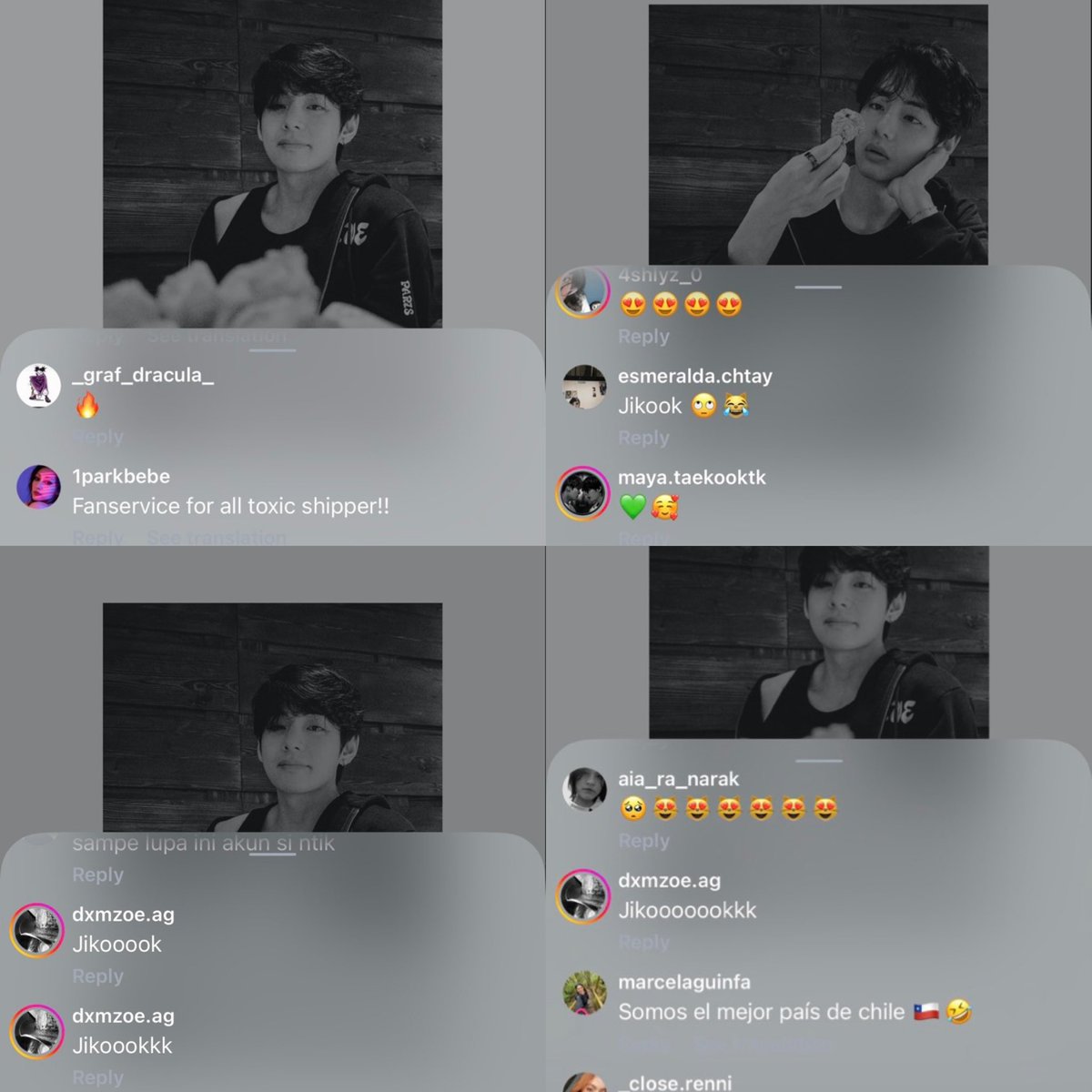 snowflake_tk's tweet photo. jikookers harassing jungkook in his instagram comments yet again just for posting taehyung, bringing up their tanked ship, and being miserable. this entire breed is filled with mentally sick people. free jungkook! https://t.co/6PA0UOY331