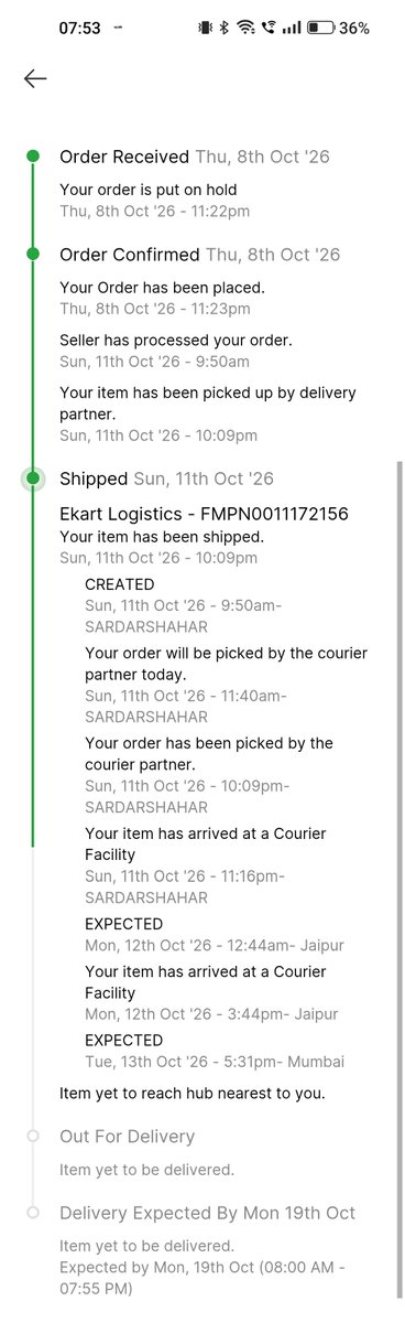 arradhhya's tweet photo. Absolutely trash logistics by @flipkartsupport . My order went from delivery on Oct 3 to 19 , despite being at the nearest hub , it showed shipment issues. This is unacceptable , its been 16 days since i placed the order , no customer support too , just a chat bot. https://t.co/QfAdxrDkYe