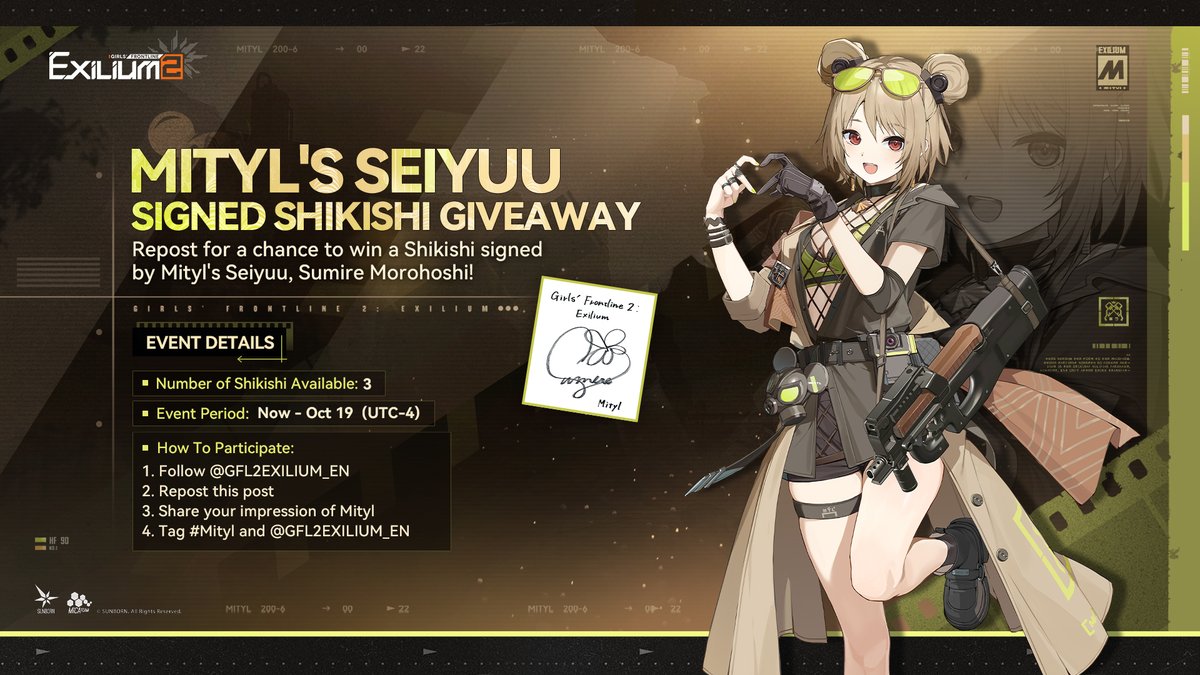 GFL2EXILIUM_EN's tweet photo. Special Giveaway | Mityl's Seiyuu Signed Shikishi 

■ Number of Shikishi Available: 3
■ Event Period: Now - Oct 19 (UTC-4)
■ How To Participate: Please refer to the image below.

>> Download on mobile and PC: https://t.co/SiNltiPpgV
#GirlsFrontline2Exilium #gfl2exilium https://t.co/Vu5STCWEAz