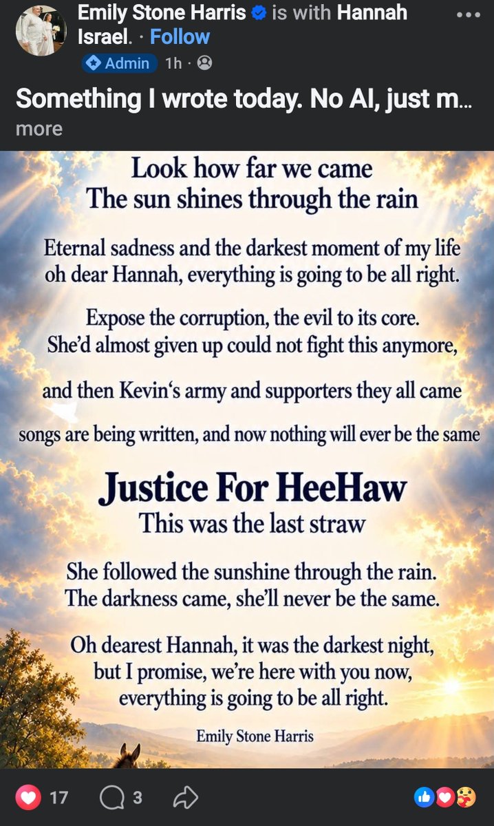 Shag_Mike420's tweet photo. The fight for justice officially just got got even stronger @Justice4HeeHaw

We fully can support Hannah and #Heehaw and make some real change.

We're bringing genuine positivity back the the CT space. 

A post from the Facebook community

#JusticeForHeeHaw 
#HeeHawLaw 
$HeeHaw 
🫏💚🌏
