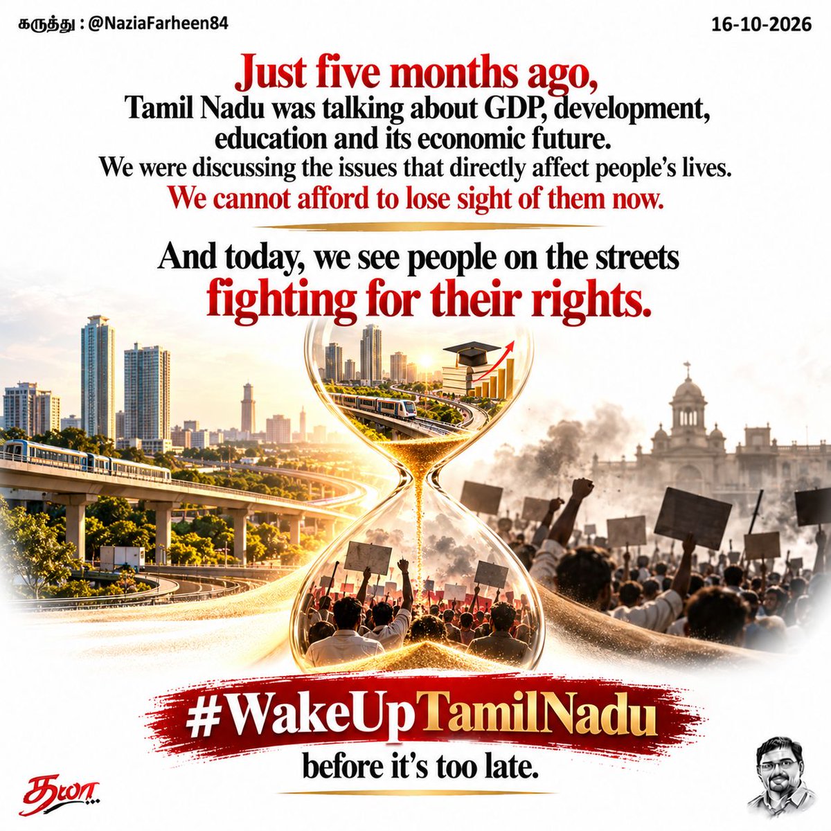 dhayananth4tn's tweet photo. Just five months ago, Tamil Nadu was talking about GDP, development, education and its economic future. We were discussing the issues that directly affect people's lives. We cannot afford to lose sight of them now.

And today, we see people on the streets fighting for their rights.

#WakeUpTamilNadu before it's too late.

@NaziaFarheen84