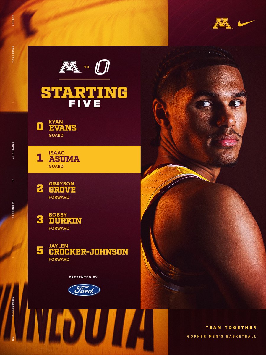 GopherMBB's tweet photo. Our Five vs. Omaha 🤚 

⏰ 7:00 p.m. CT
📺 B1G+

#TeamTogether https://t.co/ECHFTwSYt2