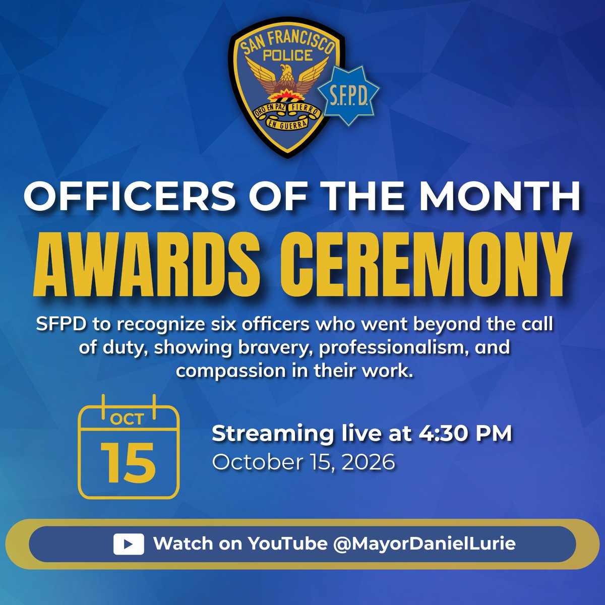 SFPD's tweet photo. The SFPD hosted the Officer of the Month Ceremony at City Hall on Thursday to recognize police officers who went beyond the call of duty, showing bravery, professionalism, and compassion in their work.

More: https://t.co/ClRVh8sTYi https://t.co/mYvXy3zTcX