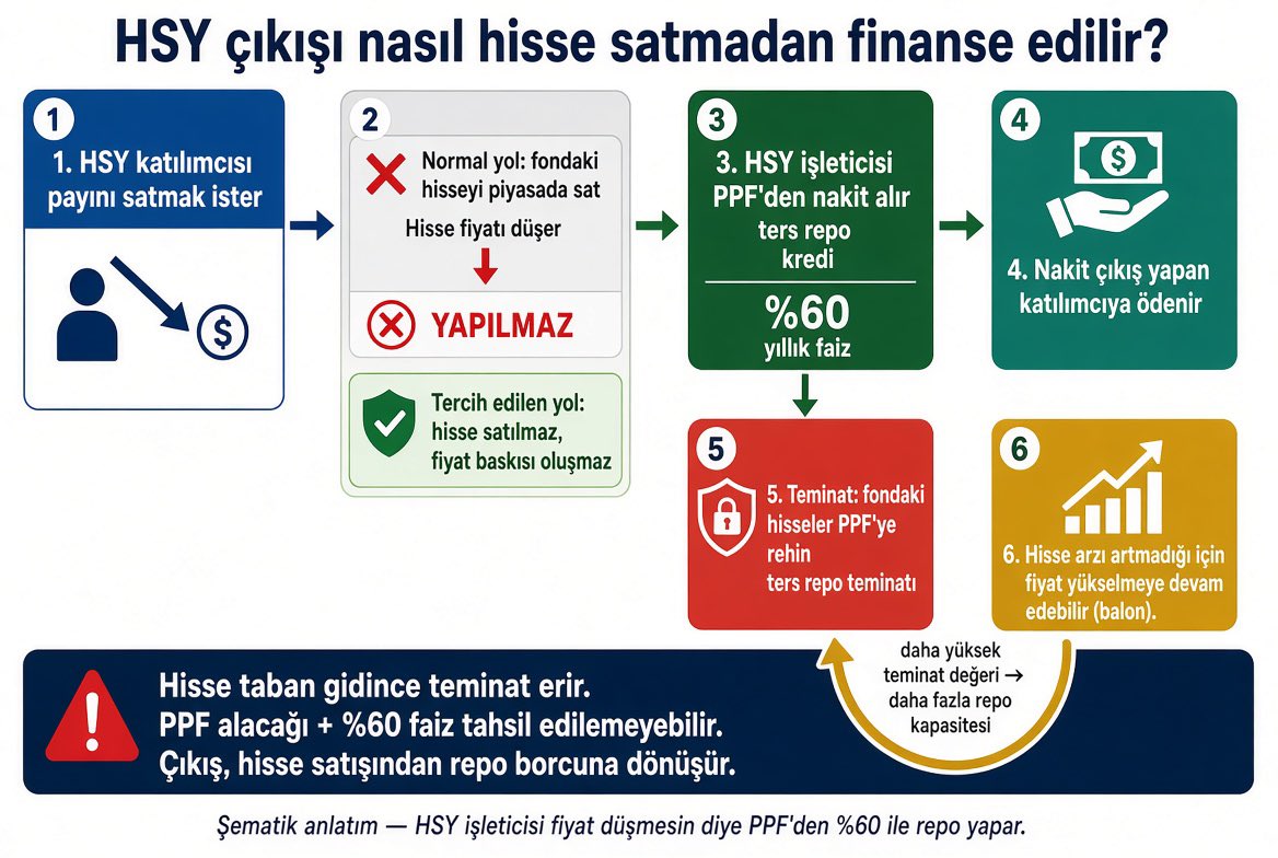kapusuznazir3's tweet photo. Takasbank TERA’nın 2.nci işleyişine katkı koymuş. 
Böylelikle fon fondan çıkmak isteyenin parasını hisse satarak değil (hisse satarsa suni değerinin yükselttikleri hisseler düşmeye başlar) Takasbank’tan kredi çekerek karşılamış.

Yani Takasbank piyasayı bozucu harekette bulunmuş 

Daha dramatik iki konu daha var

1. Fon işlemlerinde “SPK”nın haircut kuralı var. Teminatı 1.1 çarpanla alman lazım. Nedeni basit bir hisse bir günde %10 düşebilir. Teminat açığı olunca da “margin call” yapılır ek teminat istenir.

Takasbank burada 2.1 çarpanla teminat almış! Yani bu hisselerin dandik olduğunu biliyor! Ancak bu fonların diğer kendi fonlarla ilişkisinde bu açığın olabileceği konusunda kimseyi uyarmıyor! Peki uyarmayan kim?

2. Tutanaklarda Yunus Arıncı Takasbank Genel müdürü ve yönetim kurulu üyesi. Eski görevi ise Devlet Denetleme Kurulu Başkanlığı!! Yani görevde kalsa CB tarafından tüm bu sistemi denetlemesi istenen kurulun başkanlığını yapmış biri

Tel tel dökülüyorlar