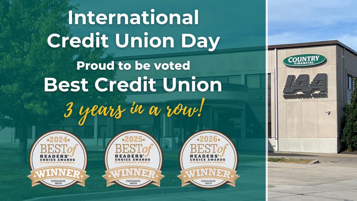 IAACU's tweet photo. Happy International Credit Union Day! 🏦 We're proud to be your trusted financial partner and honored to have been voted Best Credit Union in The Pantagraph Readers' Choice Awards three years in a row. 🏆 Thank you for your continued trust, support, and membership! https://t.co/dRjjOUjM5f