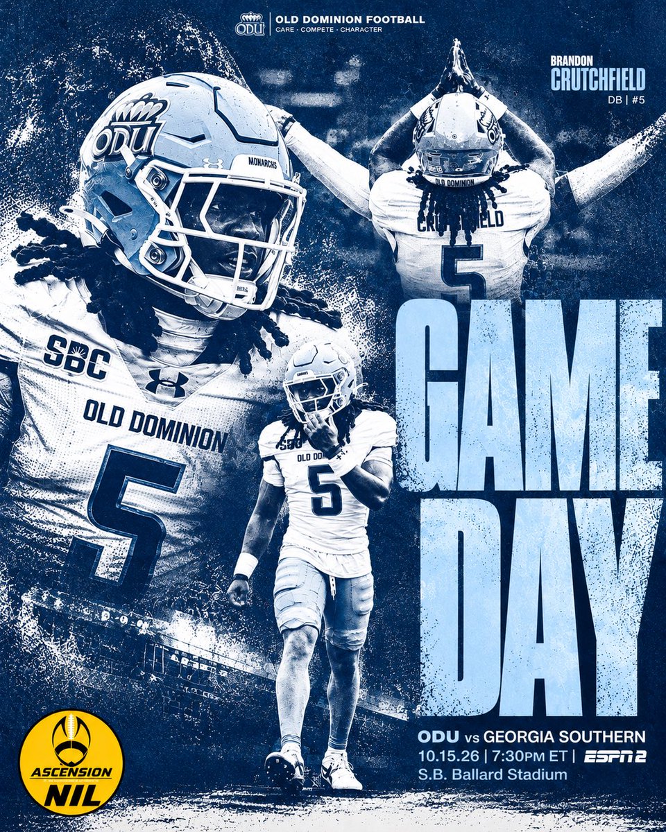 ShaneBurnham52's tweet photo. THURSDAY NIGHT LIGHTS! 🏈🔥

Brandon Crutchfield and @ODUFootball take on Georgia Southern tonight on ESPN2!

Big stage. Big opportunity.

Go do your thing, Brandon!

#AscensionFootball 
#BallHawk https://t.co/XEDNsgeEEP
