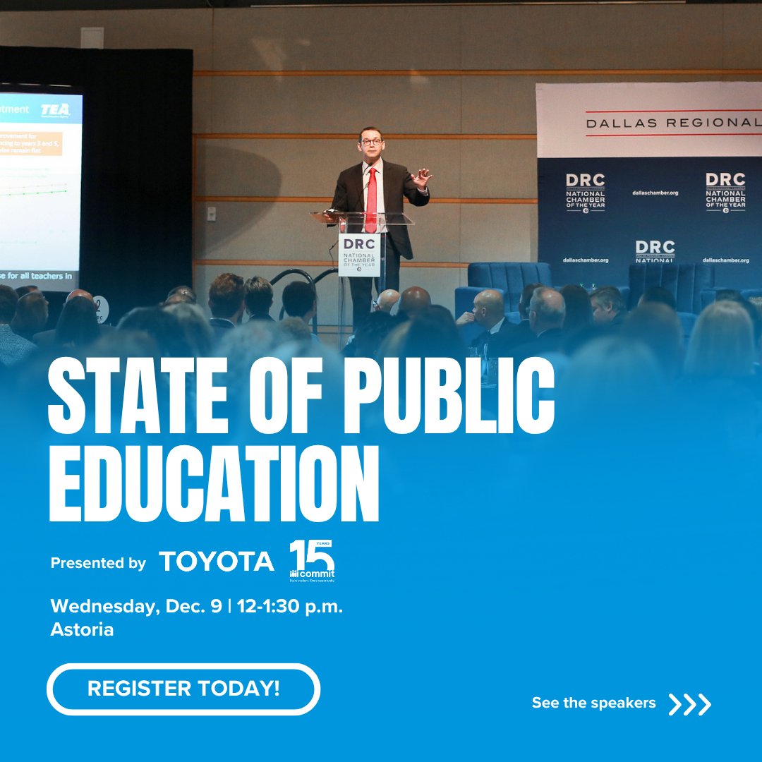 DRC's tweet photo. The future of public education is taking shape across Texas.

At the DRC's annual State of Public Education, presented by @Toyota and @Commit2Dallas, Texas Education Commissioner Mike Morath will share the latest trends in student achievement, school performance and statewide education investments. A panel of education leaders will then discuss how AI is transforming classroom instruction and student learning.

Register today: https://t.co/IeKue94gMx