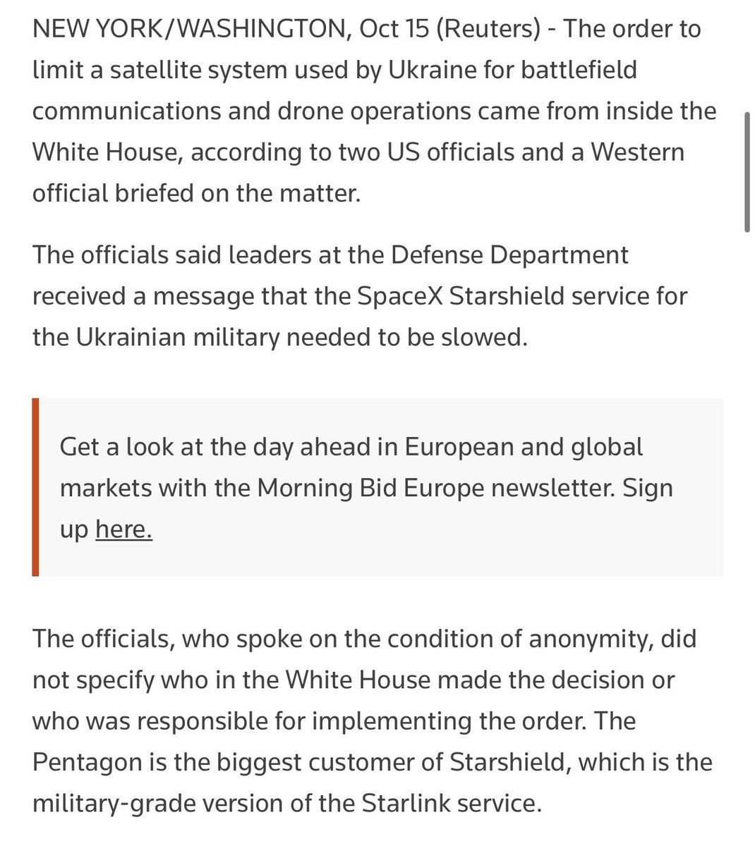 RALee85's tweet photo. “The order to limit a satellite system used by Ukraine for battlefield communications and drone operations came from inside the White House, according to two US officials and a Western official briefed on the matter.

The officials said ‌leaders at the Defense Department received a message that the SpaceX Starshield service for the Ukrainian military needed to be slowed.

The officials, who spoke on the condition of anonymity, did not specify who in the White House made the decision or who was responsible for implementing the order. The Pentagon is the biggest customer of Starshield, which is the military-grade version of the Starlink service.”
@ErinBanco @G_Slattery
https://t.co/C8mgipya1L