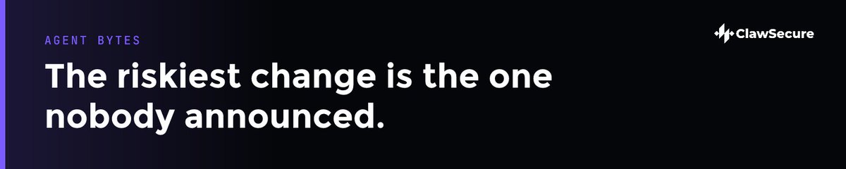 ClawSecure's tweet photo. The riskiest change is the one nobody announced.

Watchtower continuously monitors thousands of agent components, from MCP servers and CLI tools to skills and npm packages, for code drift, config changes, and dependency shifts long after install.

What should it flag first? https://t.co/laZn0zHC67