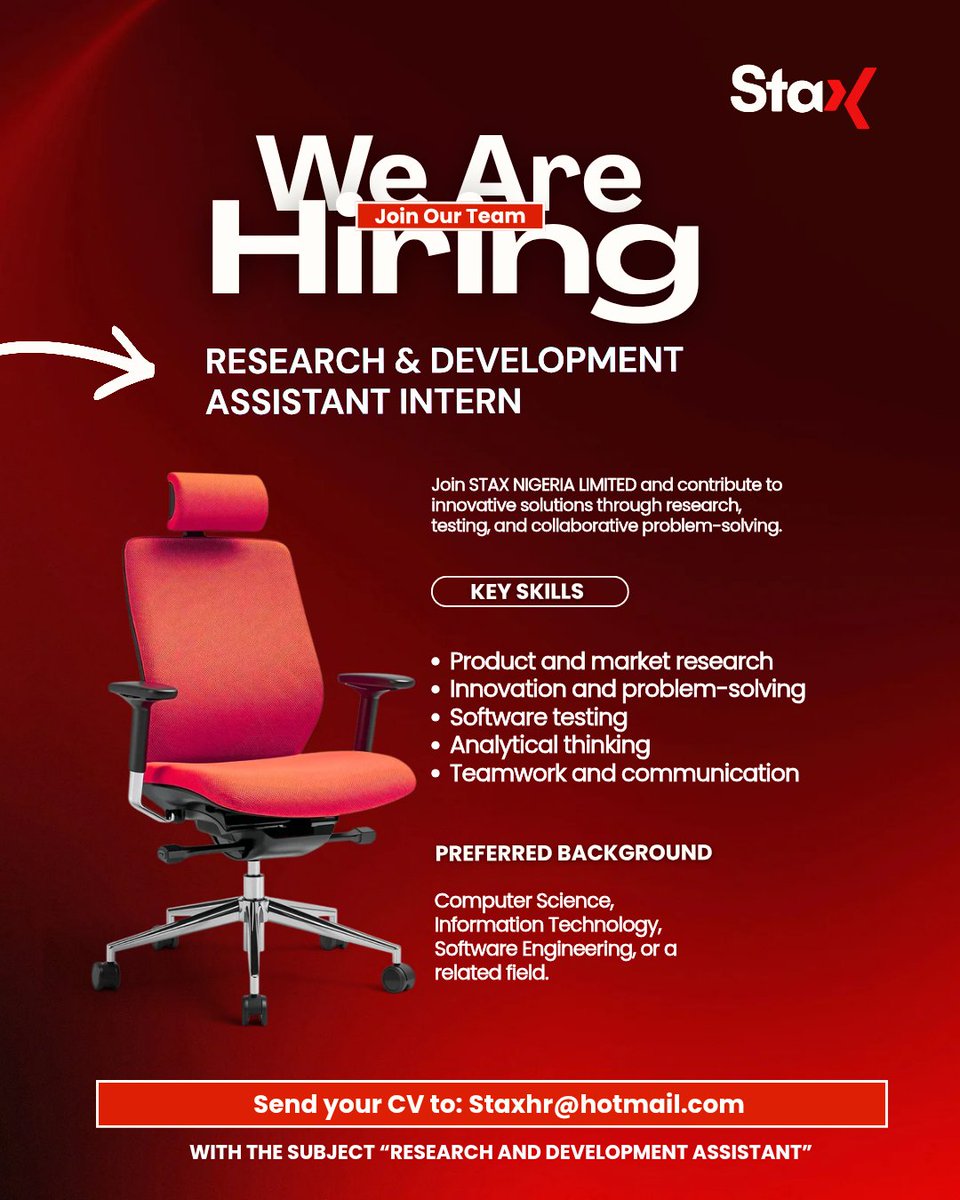 STAXNIGERIA's tweet photo. 🚀 STAX Nigeria is hiring!

📩 Send your CV to Staxhr@hotmail.com Subject: Research and Development Assistant

❤️ Like,comment and 🔔 follow STAX Nigeria, to discover more opportunity like this all for free‼️

#Hiring #TechJobsNigeria #Internship https://t.co/mLDDwYs7zA