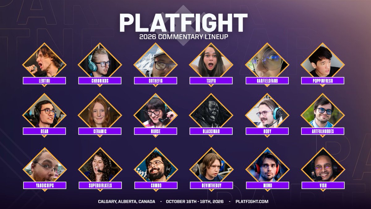 platfight's tweet photo. Proud to announce the commentary roster for #Platfight2026!

We have a HUGE list of talent this weekend, so you will definitely not want to miss out on the action. https://t.co/hCHg0qy3xS