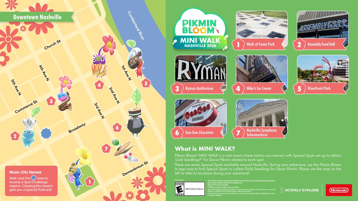 BloomBudsYT's tweet photo. Reminder that there's currently an ongoing #PikminBloom Mini Walk in Nashville! There are two maps: one for finding the irl #Pikmin figures in a scavenger hunt and the other for in-game Special Spots. There will be a tent with free goodies on the closing weekend, Oct 31-Nov 1! https://t.co/ypZZCIGJIy