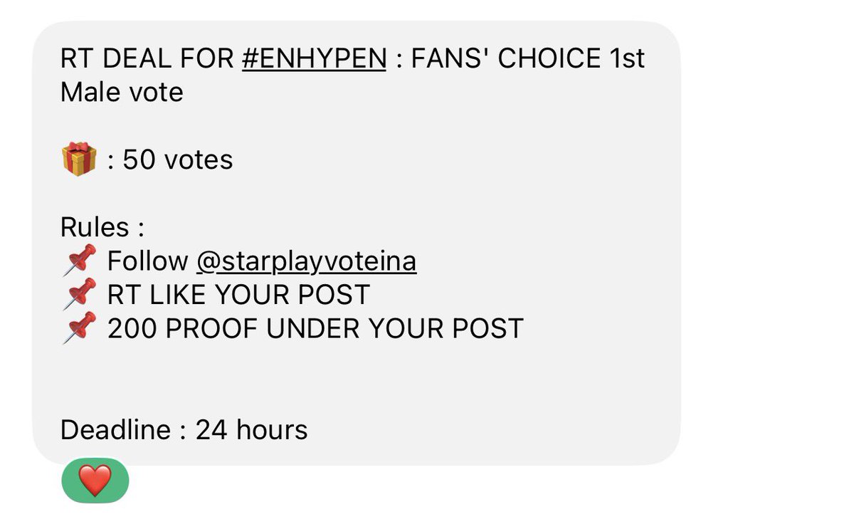 nikeyebrow's tweet photo. RT DEAL FOR #ENHYPEN : FANS' CHOICE 1st Male vote

🎁 : 50 votes 

Rules :
📌 Follow @starplayvoteina
📌 RT LIKE YOUR POST 
📌 200 PROOF UNDER THIS POST

Deadline : 24 hours https://t.co/k2u6SqiVlp