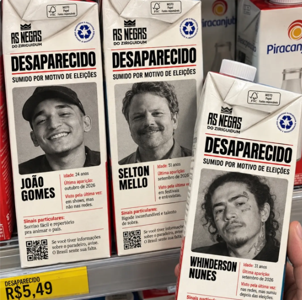 madeleinelacsko's tweet photo. Transformaram artistas em "desaparecidos" por não declararem voto. 

João Gomes, Selton Mello, Whyndersson e outros foram parar em caixas de leite, como numa campanha de procura. 

A ideia de que o silêncio exige explicações é perigosa e autoritária. https://t.co/9x8Qg1Xv0u
