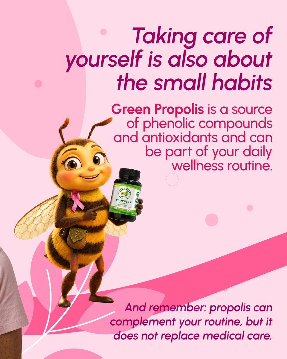 propolishealth_'s tweet photo. 💗🐝 You care for everyone. Are you on your own priority list? 🎀💕 This Pink October, love yourself: keep up with checkups and make Green Propolis part of your wellness routine. 🌿💚 Self-care matters all year! ✨ #PinkOctober #SelfCare https://t.co/f7OnyTxDud