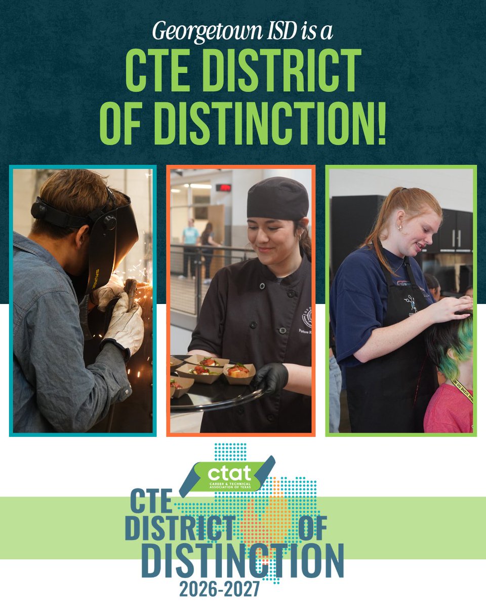 GeorgetownISD's tweet photo. Georgetown ISD has been named a CTE District of Distinction for the second year in a row!

This honor recognizes GISD's commitment to meeting the needs of students, local industries, and employers through innovative Career & Technical Education (CTE) programs.

Read the full announcement on our website: https://t.co/4FXh4sNoQO