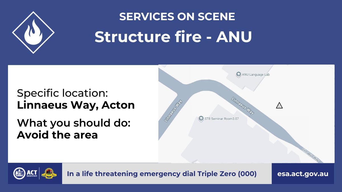 ACT_ESA's tweet photo. Structure fire - Acton

ACT Fire &amp; Rescue are currently on scene at a structure fire at ANU on Linnaeus Way, Acton. 
 
The fire has been contained and there is no threat to community safety. 

https://t.co/Szq1RYSEOD https://t.co/FDz78zOIG0
