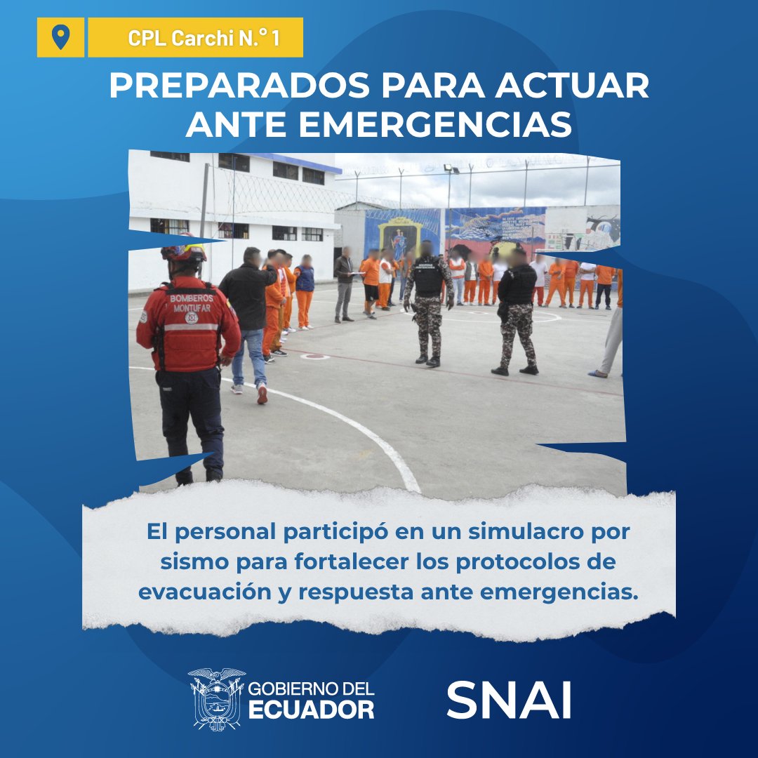 SNAI_Ec's tweet photo. 🚨 La prevención también se entrena.

En el #CPLCarchi Nro. 1 participó en el simulacro por sismo organizado por la Secretaría Nacional de Gestión de Riesgos, fortaleciendo protocolos de evacuación, seguridad y respuesta ante emergencias.🦺

#NoNosVamosADetener #SomosSNAI https://t.co/ETzCCtGM3q