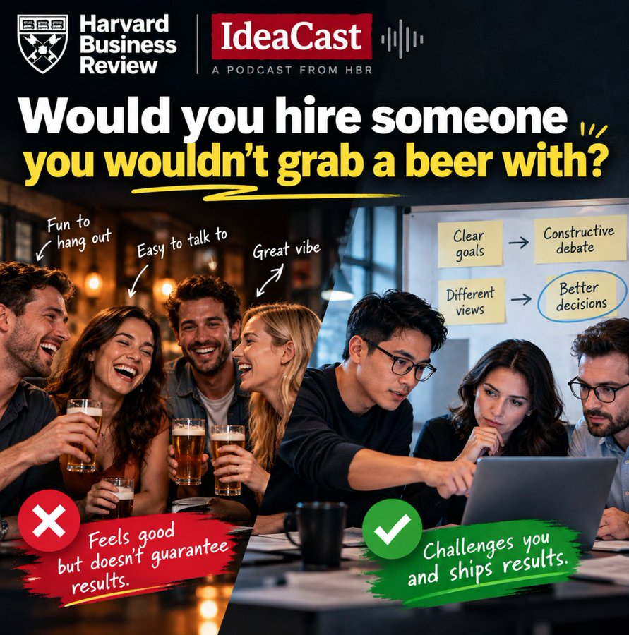 GarrosGong's tweet photo. Would you hire someone you wouldn’t grab a beer with?
Research says yes. Wharton psychologist Adam Grant argues on #HBR IdeaCast that task cohesion matters more for results than social bonding. IMO, I’d hire someone who challenges bad calls & delivers, even if we never hang out. https://t.co/fBvBZ1sdDD