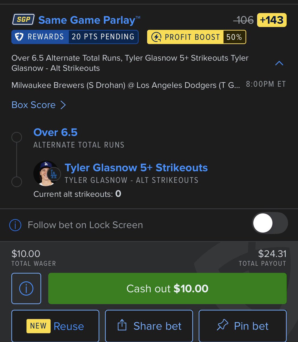 BiLLsMAFiA_FODx's tweet photo. Playing this #MLB #NLCS #SameGameParlay glasnow has 5 kโs in all of his outings this year but 1 and over 6.5 might be risky as the pitching has been very good in this series but I feel like Milwaukeeโs bullpen is very worn down. We will see if fatigue plays a factor or if they donโt pitch their big guys #Gambling๐ #GamblingCommunity #BettingCommunity #Baseball #BettingBaseball