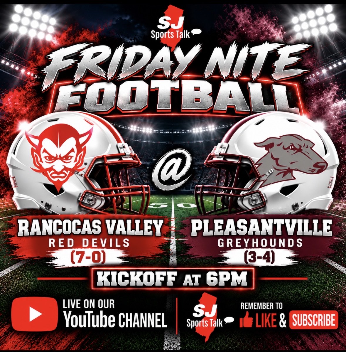 sojerseysports's tweet photo. 🏈🚨Friday Nite Football!

🔱RV @ Pleasantville ⚪️

⏰6pm Kickoff!

👀Watch it Live on YouTube!
@RVRHS_Athletics @RVREDDEVILS @CoachLucas74 @RVRHSFootball @GoGreyhoundFB @The_VilleFB @The_SFBN 
@Mtrible @HSFBamerica 
📺The Link:
https://t.co/pQxgexQDJH https://t.co/mJOUG6atOU