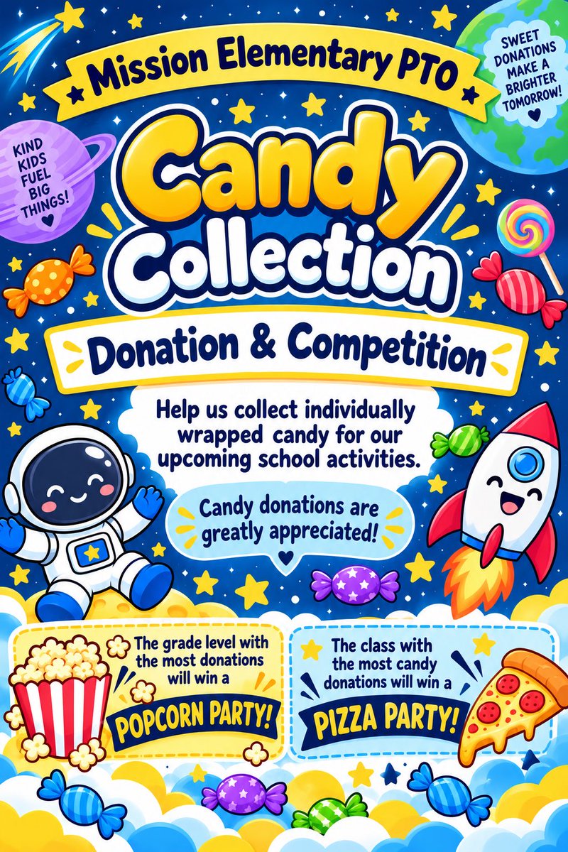MissionPTO's tweet photo. 🍬🍭 CANDY COLLECTION DONATION &amp; COMPETITION! 🍭🍬

Help us collect individually wrapped candy for our upcoming school activities! 🎉

Every donation helps, and we greatly appreciate your support! 💛

🏆 LET THE COMPETITION BEGIN! https://t.co/SqKTlb0qyj