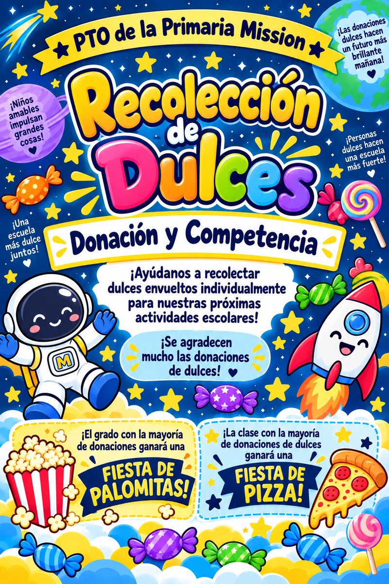 MissionPTO's tweet photo. 🍬🍭 CANDY COLLECTION DONATION &amp; COMPETITION! 🍭🍬

Help us collect individually wrapped candy for our upcoming school activities! 🎉

Every donation helps, and we greatly appreciate your support! 💛

🏆 LET THE COMPETITION BEGIN! https://t.co/SqKTlb0qyj