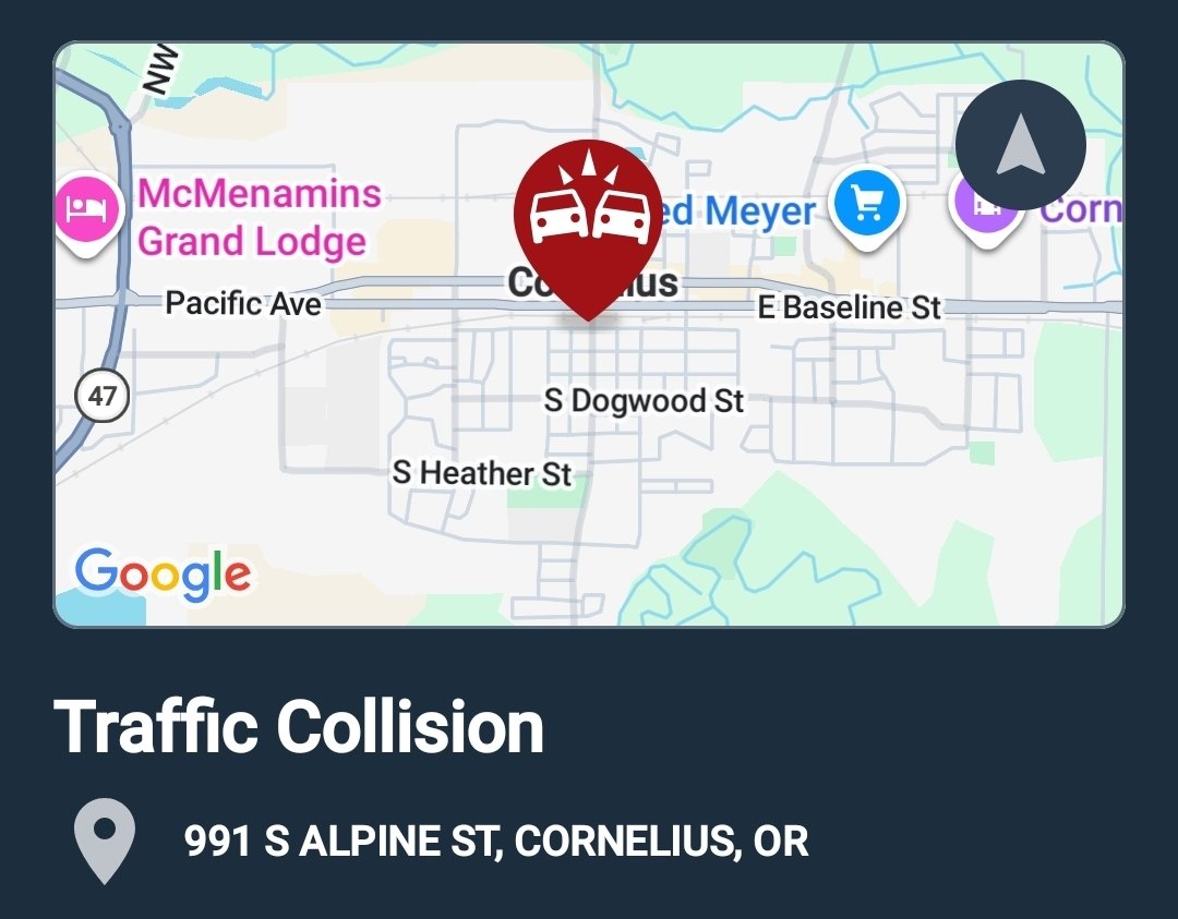 WashCoScanner's tweet photo. 5:04pm
Traffic Collision
991 S Alpine
Cornelius https://t.co/xZPTbstw4H