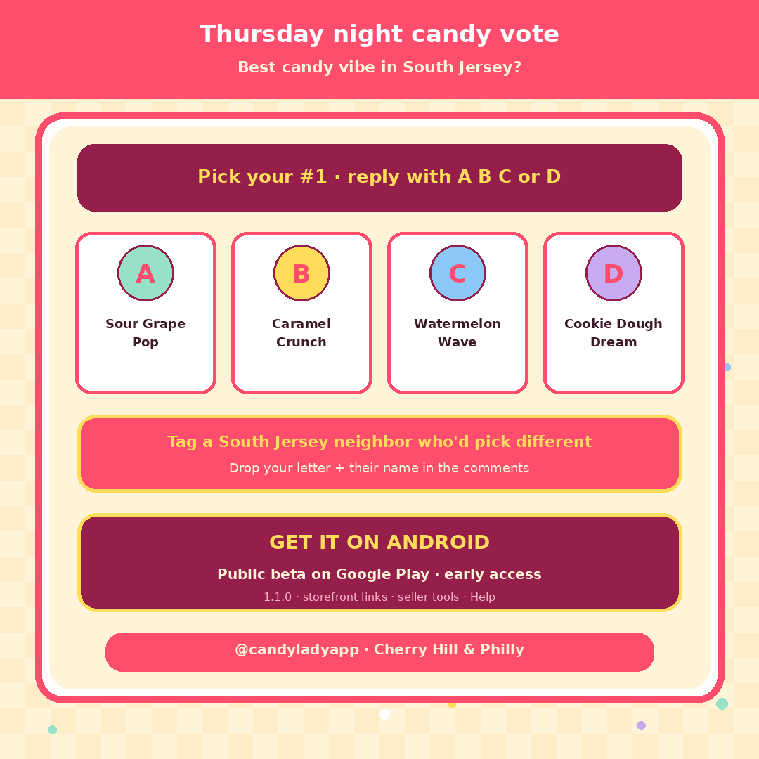 Candyladyapp's tweet photo. SJ candy vote 🍭 Pick A–D + tag a neighbor
A Sour Grape · B Caramel Crunch
C Watermelon · D Cookie Dough
Get it on Android (public beta): https://t.co/IoIGbh4l9t
#TheCandyLady #CherryHill https://t.co/f4ctoWDnfH