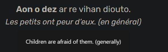 ARandomYoshi's tweet photo. First up, Breton, as that is the thing I am trying to work on the most rn

I am so confused by this sentence. Is aon 'afraid'? By process of elimination yes but for some reason it still looks wrong. Also, would one not use bugale or krouadur for children? https://t.co/pYpMhhjE53