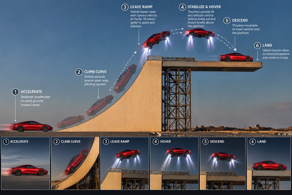 GRomyll's tweet photo. Trying to make sense of the Roadster ramp, and I’m starting to wonder if we’ve been looking at it the wrong way. Worked through the geometry with ChatGPT and Grok which  came up with this concept —> accelerate up the quarter-pipe, launch, use the thrusters to stabilize and briefly hover, then descend onto the upper platform.