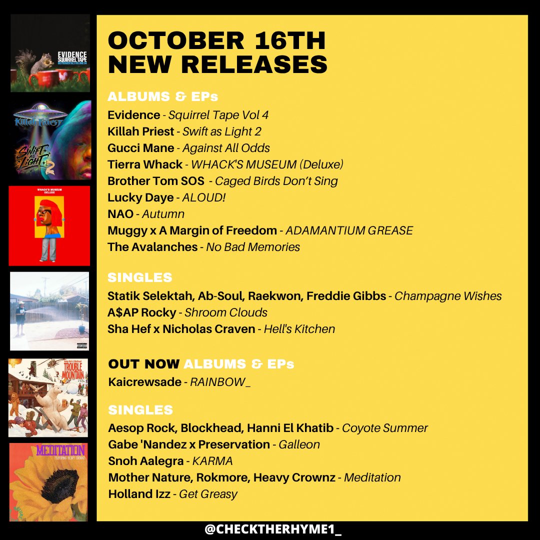 checktherhyme1_'s tweet photo. 🚨 This week's new drops 🚨

Statik Selektah, Ab-Soul, Raekwon, Freddie Gibbs
Evidence
Killah Priest
Tierra Whack
Gucci Mane
Aesop Rock, Blockhead, Hanni El Khatib
Brother Tom SOS
Kaicrewsade
Gabe 'Nandez x Preservation
Snoh Aalegra
Lucky Daye
Sha Hef x Nicholas Craven
+more https://t.co/31Mk5t88lB