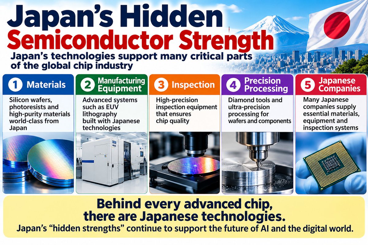 osamuindia's tweet photo. 🇯🇵 Japan’s semiconductor strength is often invisible.
Materials, equipment, inspection and precision processing—these technologies help support advanced chips worldwide.
Japan’s hidden strengths are worth watching.
#JapanTech #Semiconductors #AI https://t.co/hh8thPWuJM