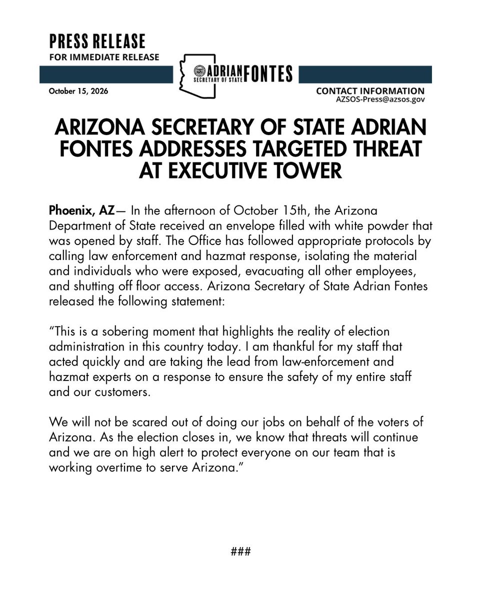AZSecretary's tweet photo. PRESS RELEASE: Arizona Secretary of State Adrian Fontes addresses targeted threat at Executive Tower https://t.co/L4mXkuCnkb
